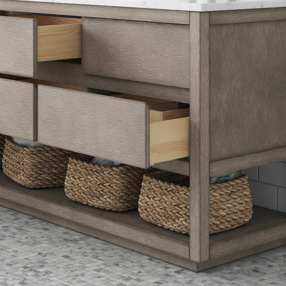 Oakman 72 in. x34.3 in. H Bath Vanity in Grey Oak with Marble Top with White Basin | Water Creation