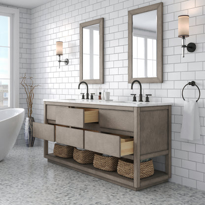 Oakman 72 in. x34.3 in. H Bath Vanity in Grey Oak with Marble Top with White Basin | Water Creation