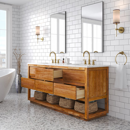 Oakman 72 in. x 34.3 in. H Double Sink Bath Vanity in Mango Wood with White Marble Top and White Basin | Water Creation