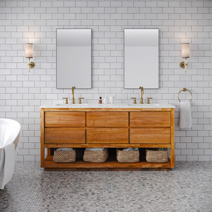 Oakman 72 in. x 34.3 in. H Double Sink Bath Vanity in Mango Wood with White Marble Top and White Basin | Water Creation