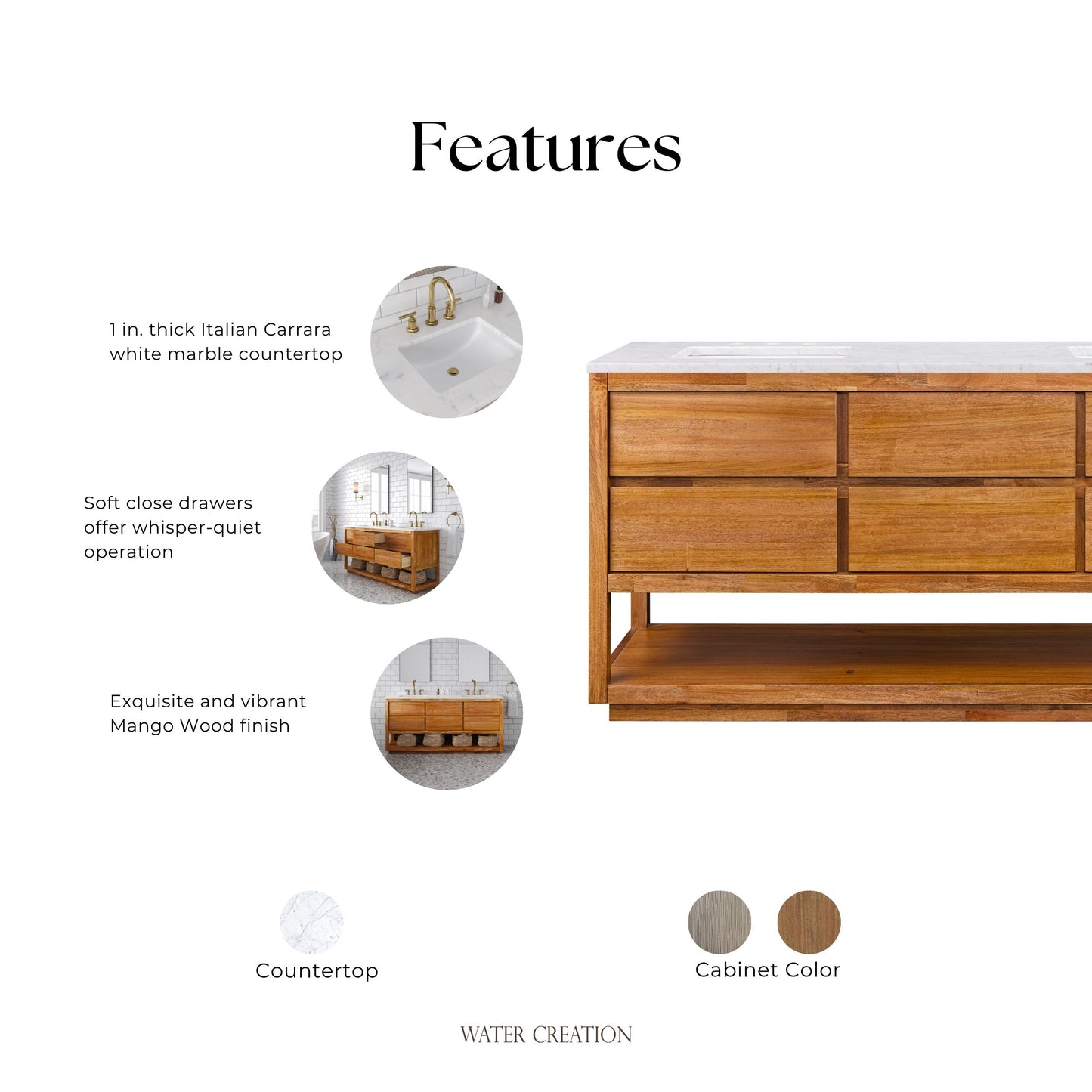 Oakman 72 in. x 34.3 in. H Double Sink Bath Vanity in Mango Wood with White Marble Top and White Basin | Water Creation