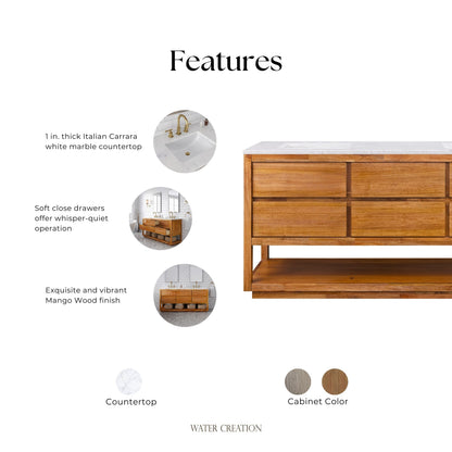 Oakman 72 in. x 34.3 in. H Double Sink Bath Vanity in Mango Wood with White Marble Top and White Basin | Water Creation