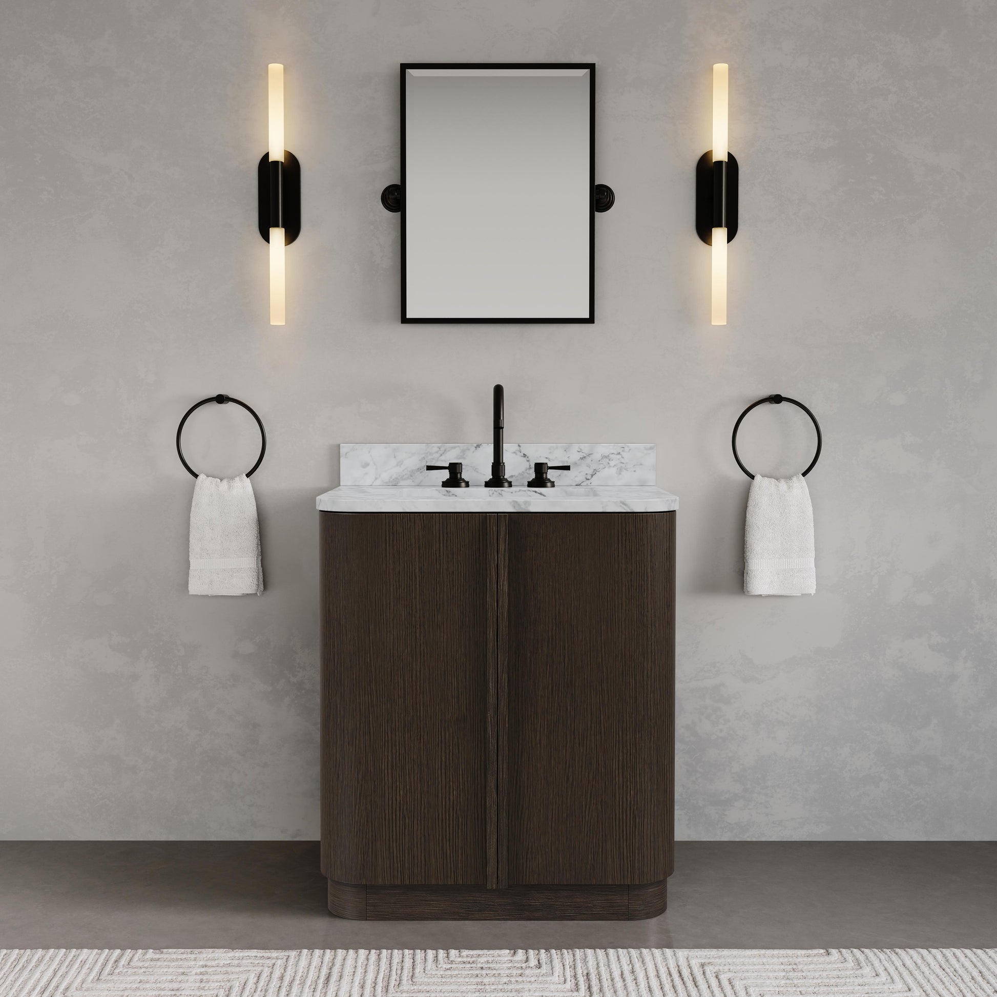 Oxford 30in Single Sink Freestanding Charcoal Oak Bath Vanity with Carrara White Marble Top Pre-Assembled | Water Creation