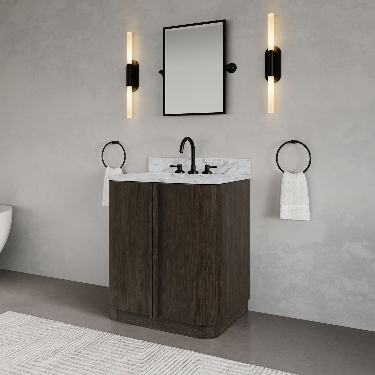 Oxford 30in Single Sink Freestanding Charcoal Oak Bath Vanity with Carrara White Marble Top Pre-Assembled | Water Creation