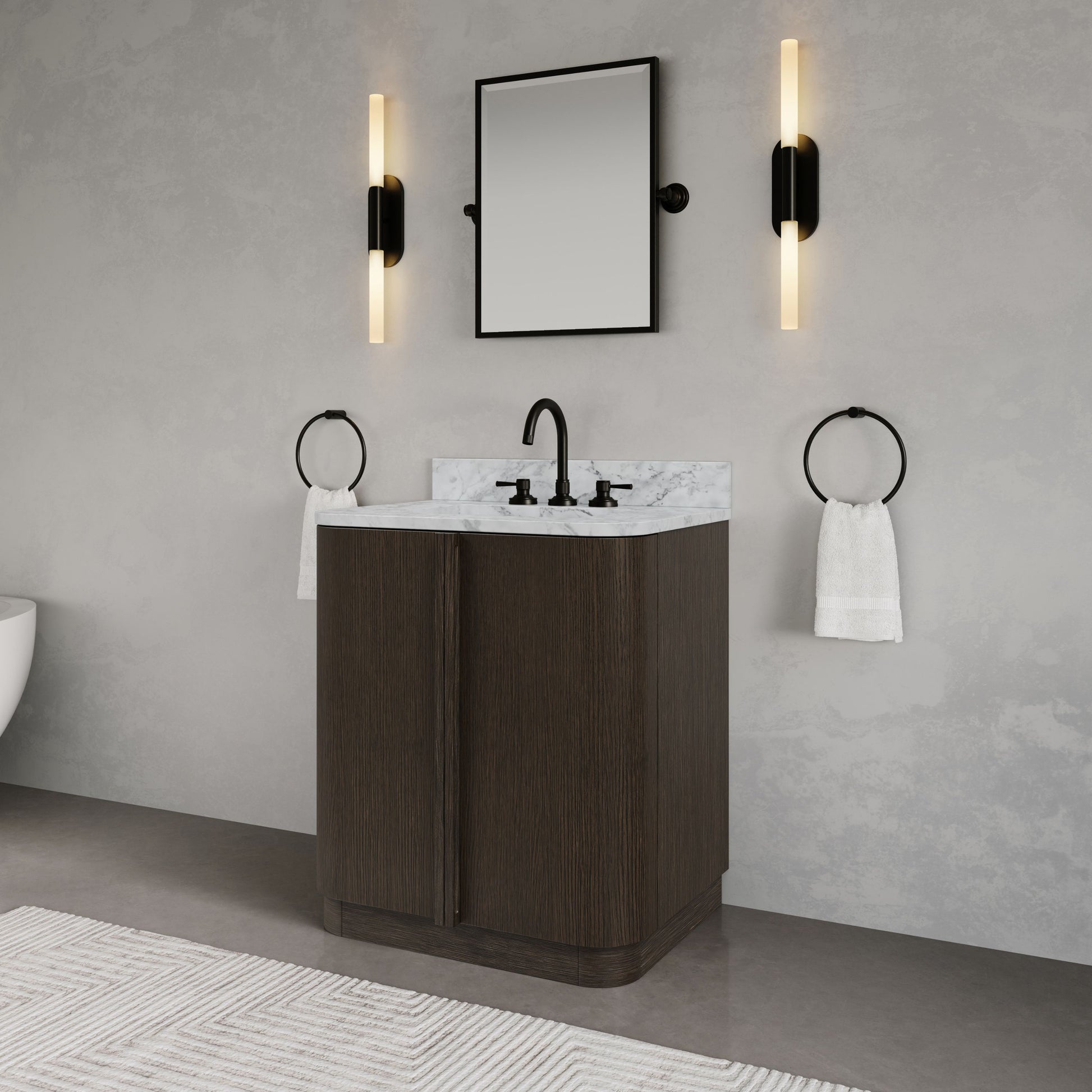 Oxford 30in Single Sink Freestanding Charcoal Oak Bath Vanity with Carrara White Marble Top Pre-Assembled | Water Creation