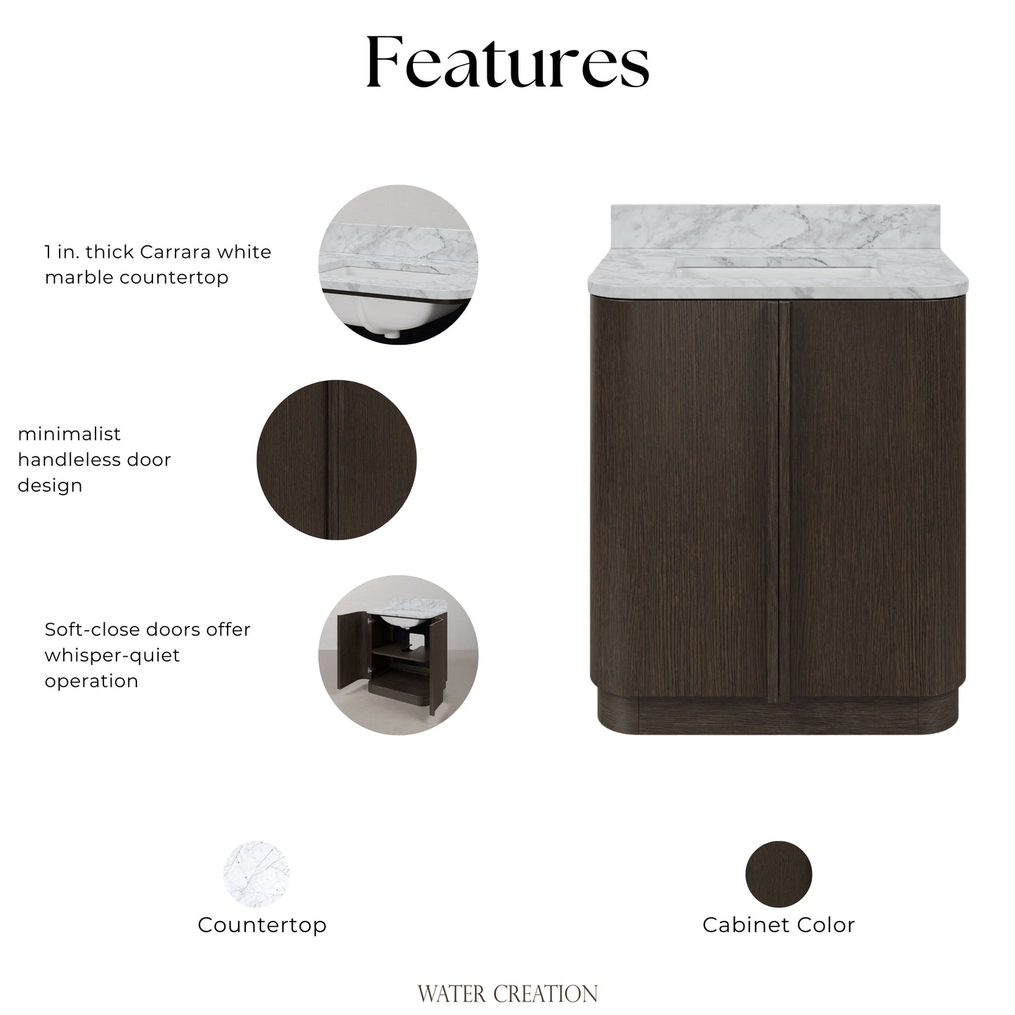 Oxford 30in Single Sink Freestanding Charcoal Oak Bath Vanity with Carrara White Marble Top Pre-Assembled | Water Creation