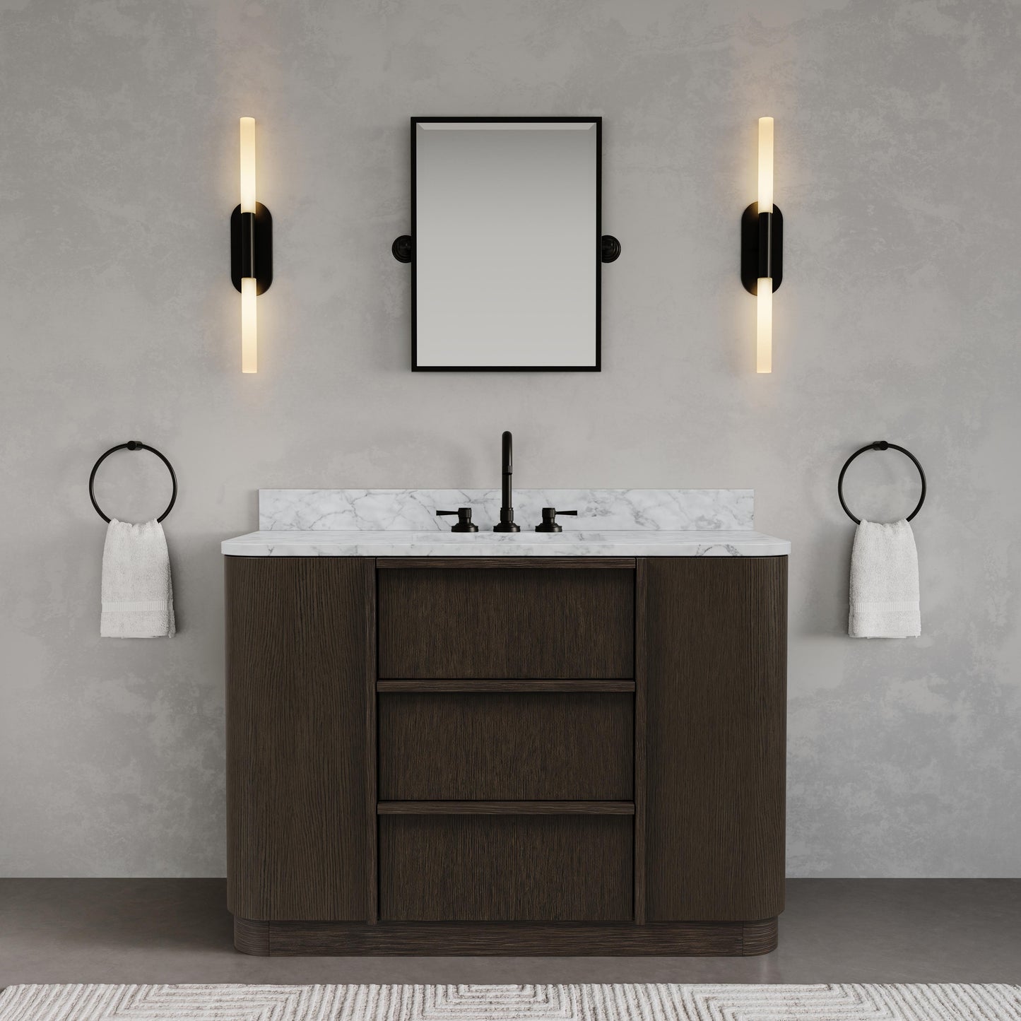 Oxford 48in Single Sink Freestanding Charcoal Oak Bath Vanity with Carrara White Marble Top Pre-Assembled | Water Creation
