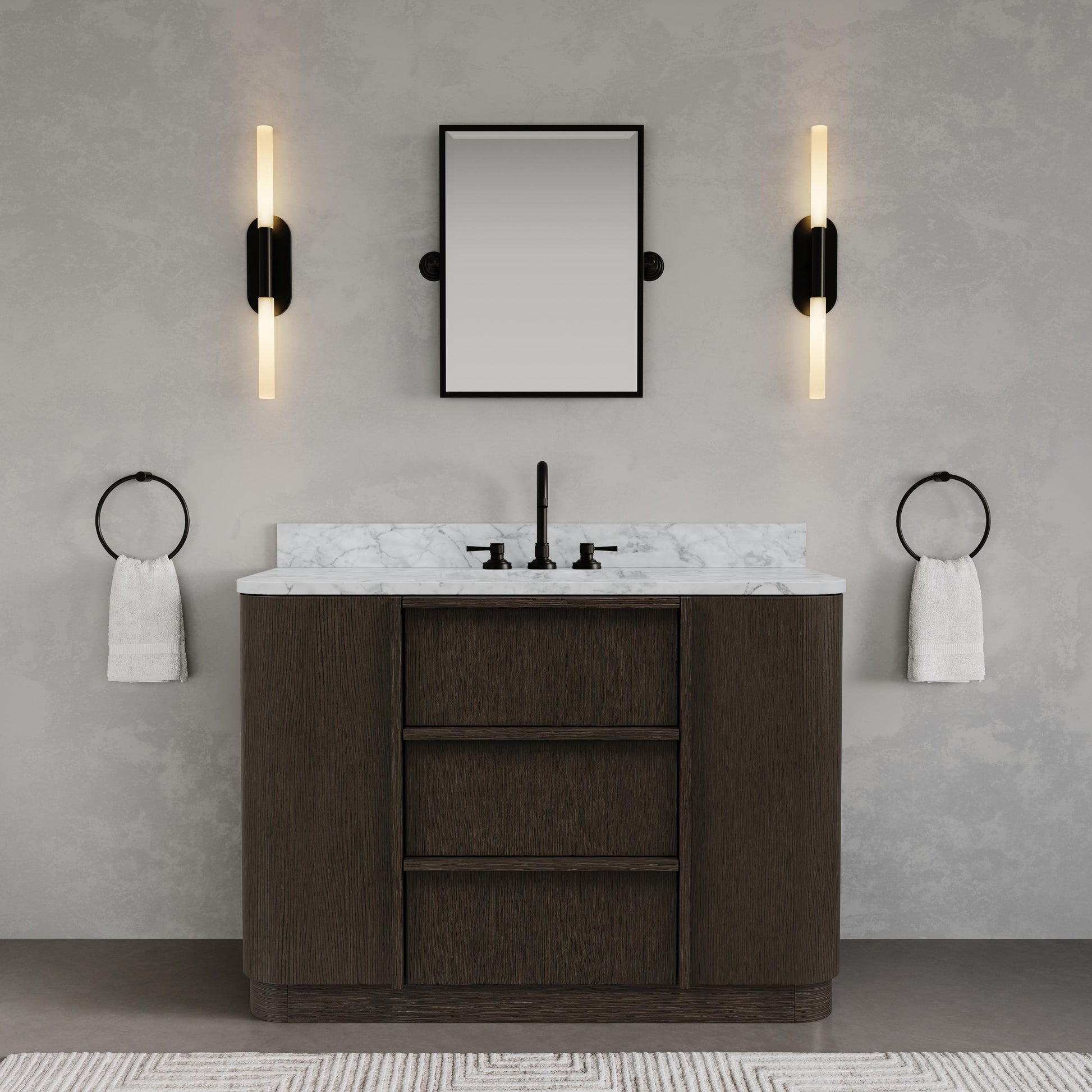 Oxford 48in Single Sink Freestanding Charcoal Oak Bath Vanity with Carrara White Marble Top Pre-Assembled | Water Creation