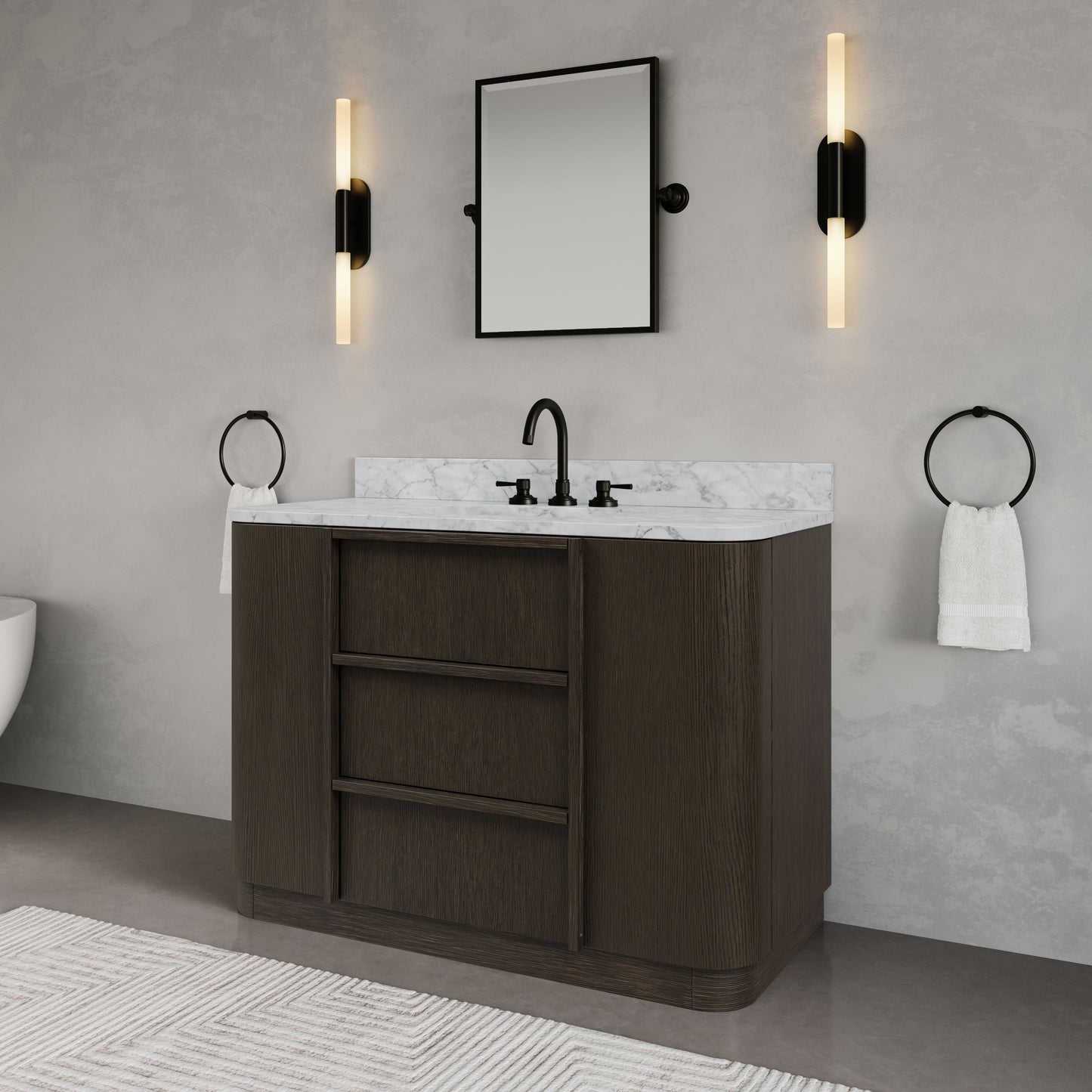 Oxford 48in Single Sink Freestanding Charcoal Oak Bath Vanity with Carrara White Marble Top Pre-Assembled | Water Creation