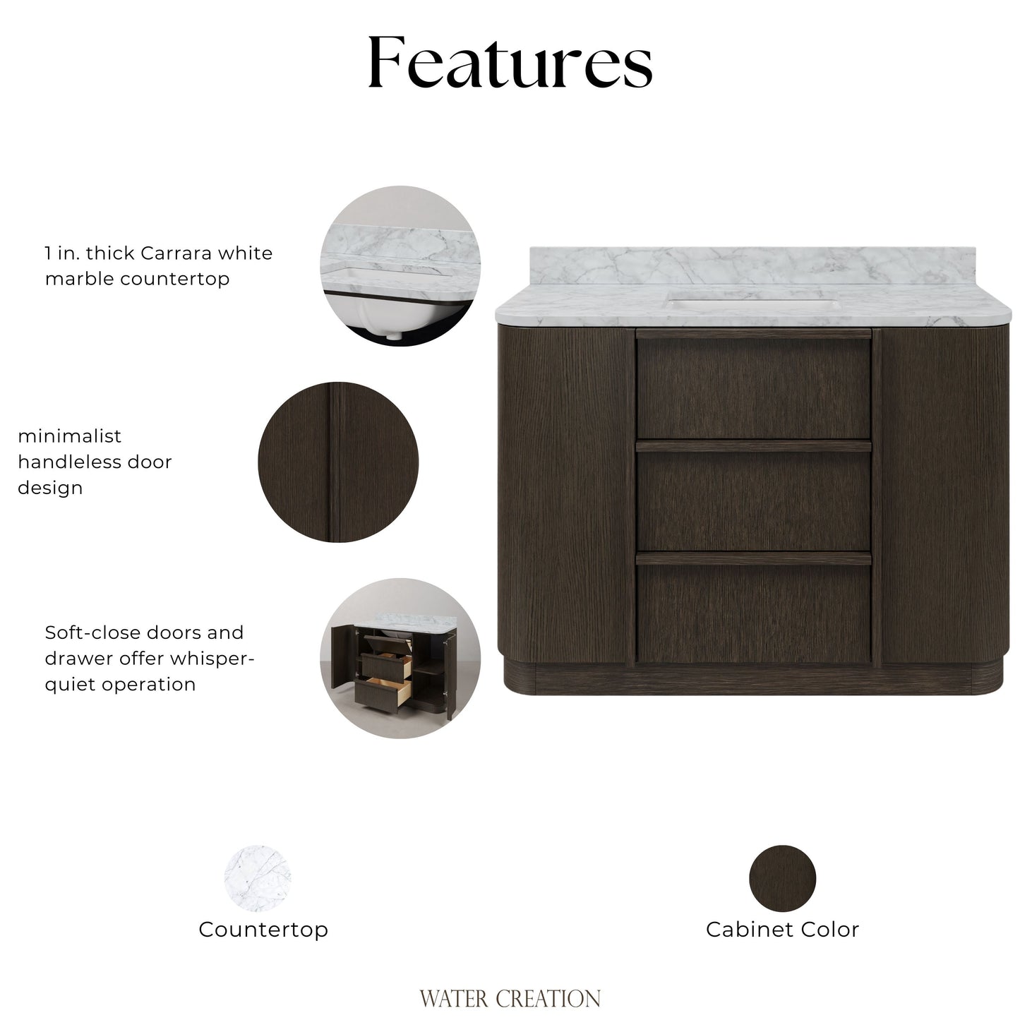 Oxford 48in Single Sink Freestanding Charcoal Oak Bath Vanity with Carrara White Marble Top Pre-Assembled | Water Creation