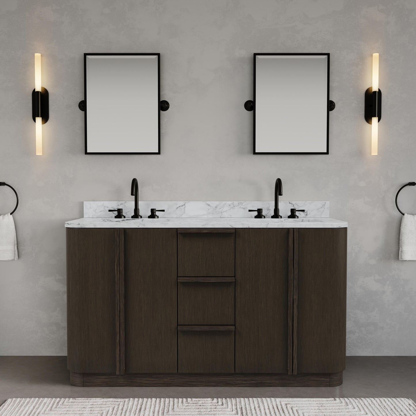 Oxford 60in Double Sinks Freestanding Charcoal Oak Bath Vanity with Carrara White Marble Top Pre-Assembled | Water Creation
