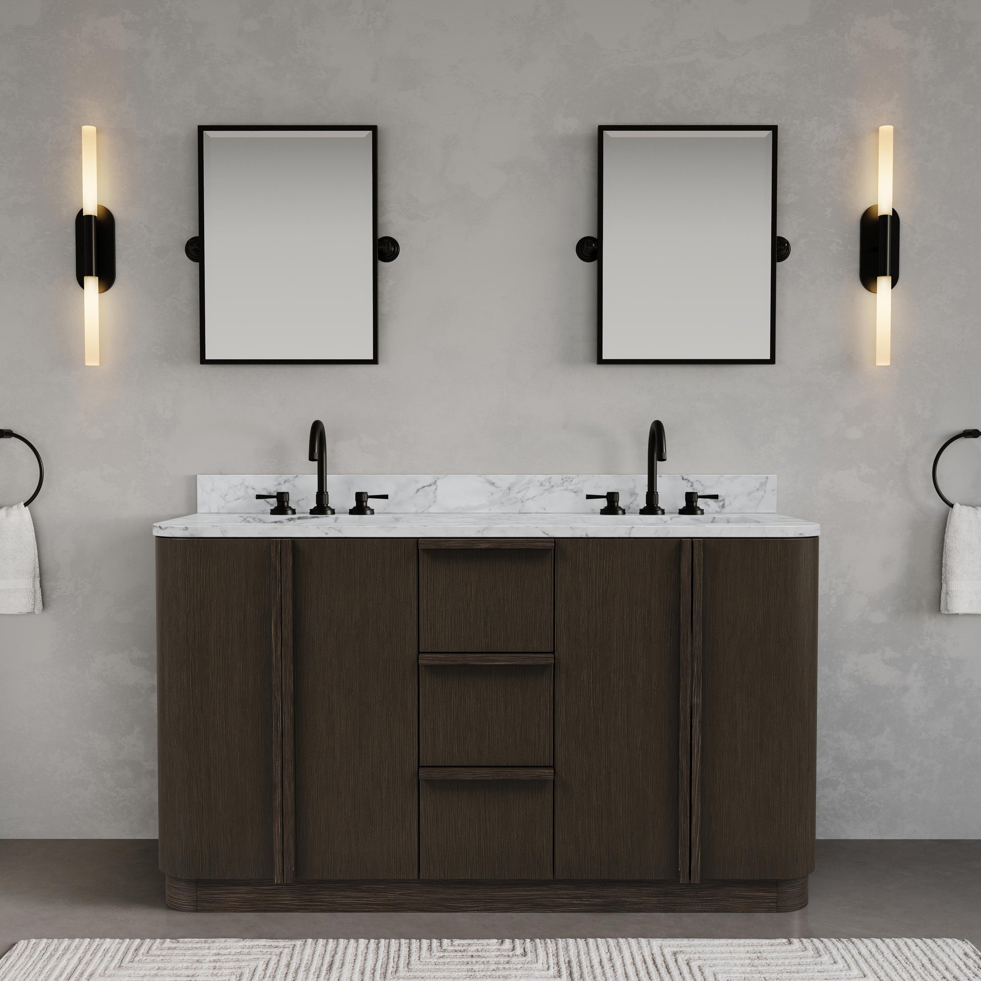 Oxford 60in Double Sinks Freestanding Charcoal Oak Bath Vanity with Carrara White Marble Top Pre-Assembled | Water Creation