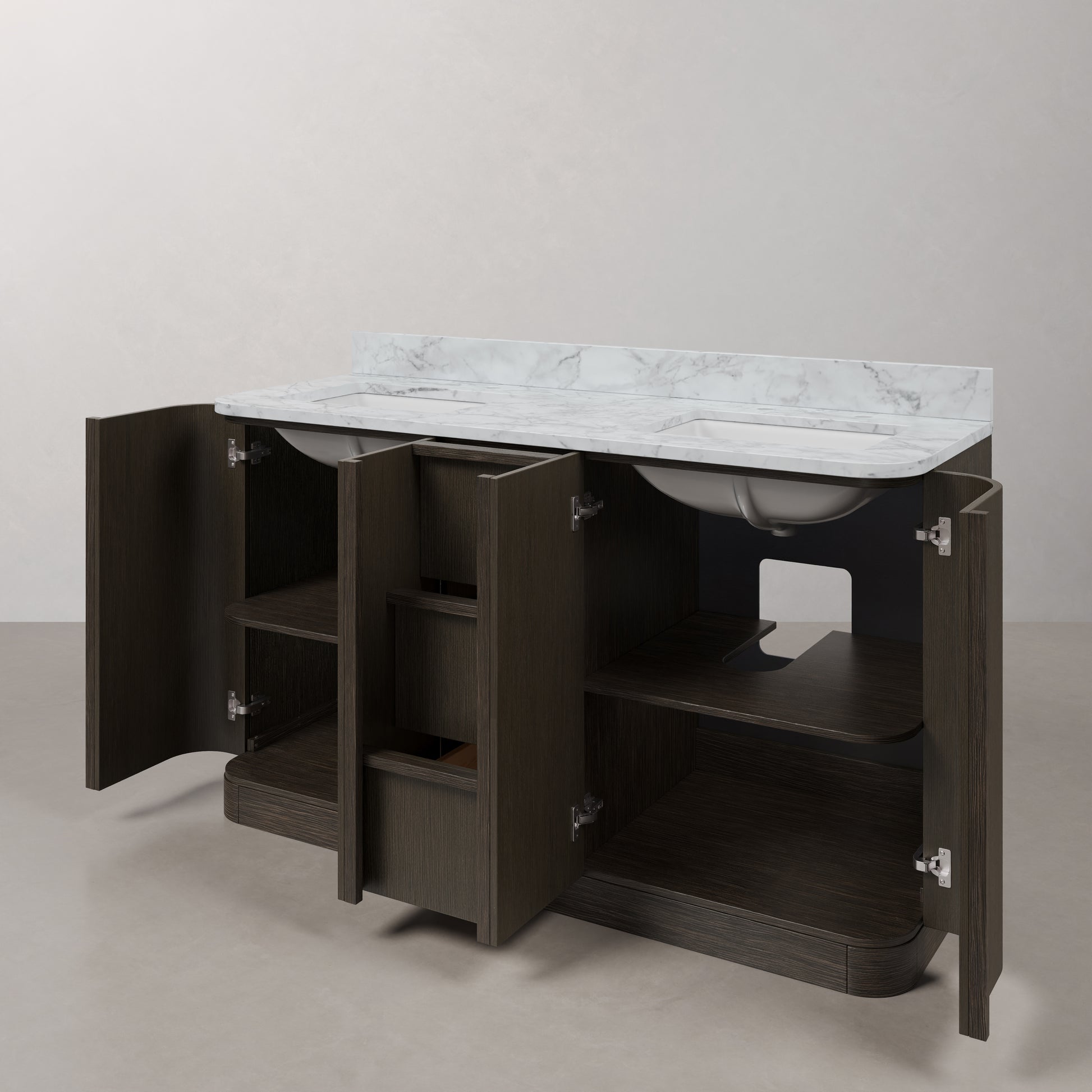 Oxford 60in Double Sinks Freestanding Charcoal Oak Bath Vanity with Carrara White Marble Top Pre-Assembled | Water Creation