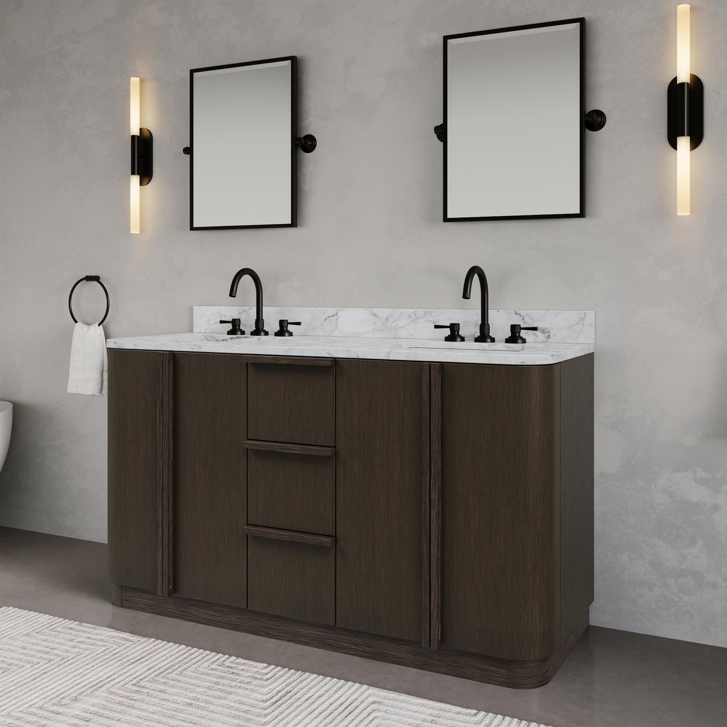 Oxford 60in Double Sinks Freestanding Charcoal Oak Bath Vanity with Carrara White Marble Top Pre-Assembled | Water Creation