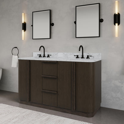 Oxford 60in Double Sinks Freestanding Charcoal Oak Bath Vanity with Carrara White Marble Top Pre-Assembled | Water Creation
