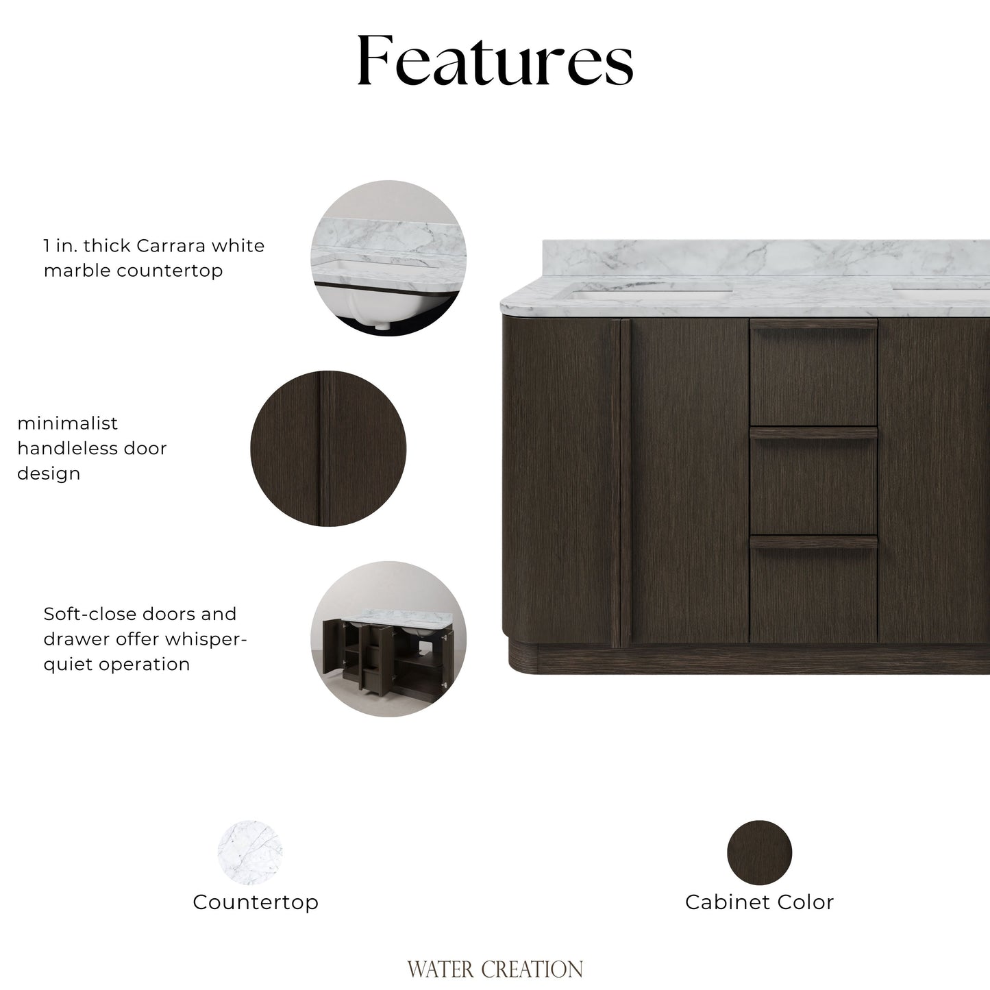 Oxford 60in Double Sinks Freestanding Charcoal Oak Bath Vanity with Carrara White Marble Top Pre-Assembled | Water Creation