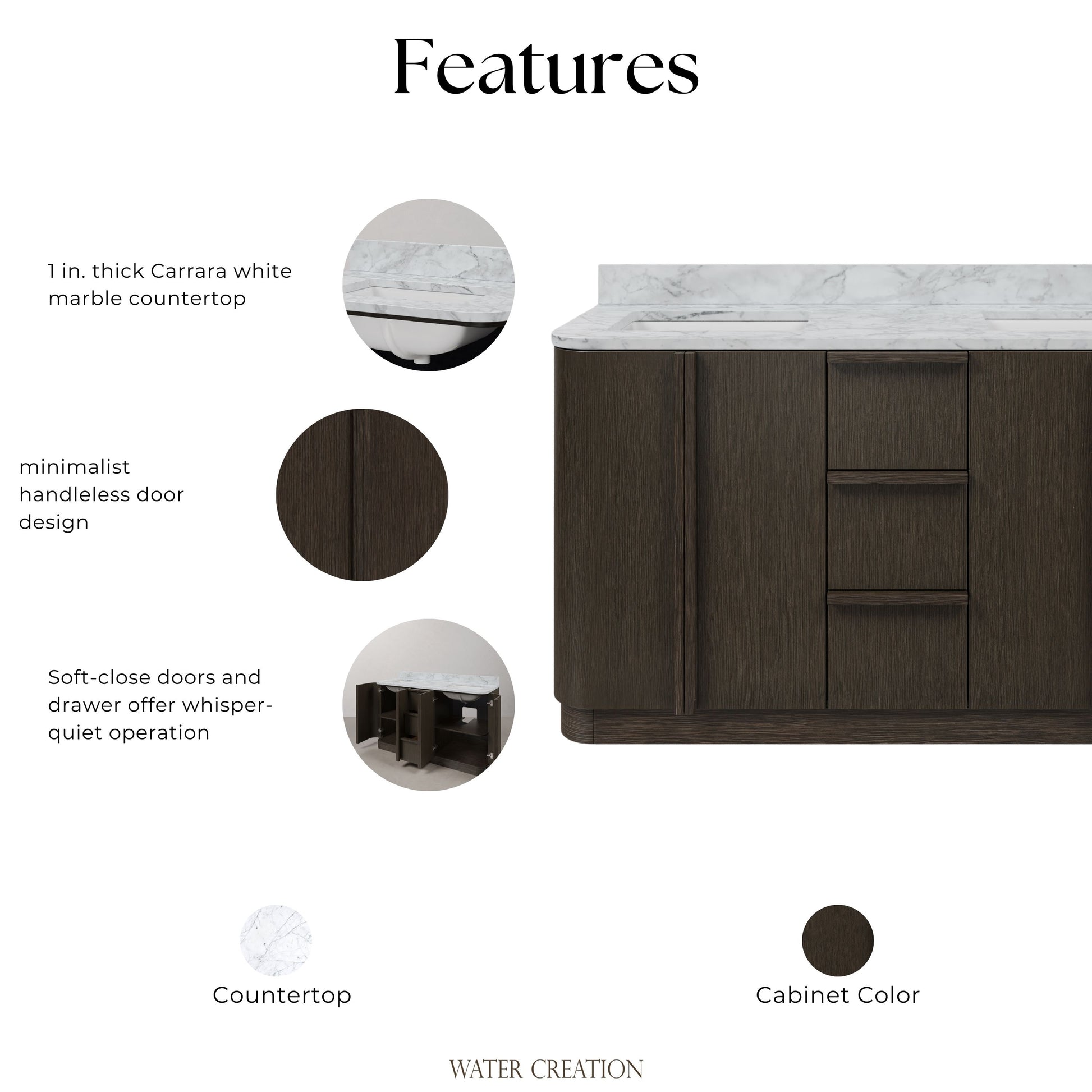 Oxford 60in Double Sinks Freestanding Charcoal Oak Bath Vanity with Carrara White Marble Top Pre-Assembled | Water Creation
