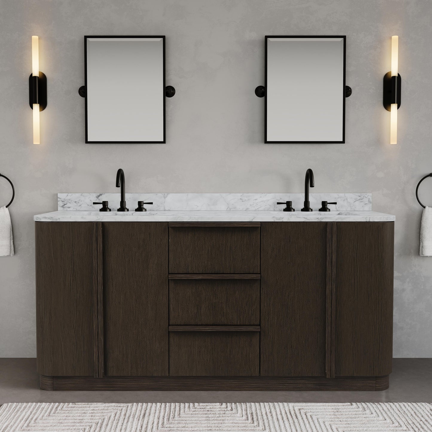 Oxford 72in Double Sinks Freestanding Charcoal Oak Bath Vanity with Carrara White Marble Top Pre-Assembled | Water Creation