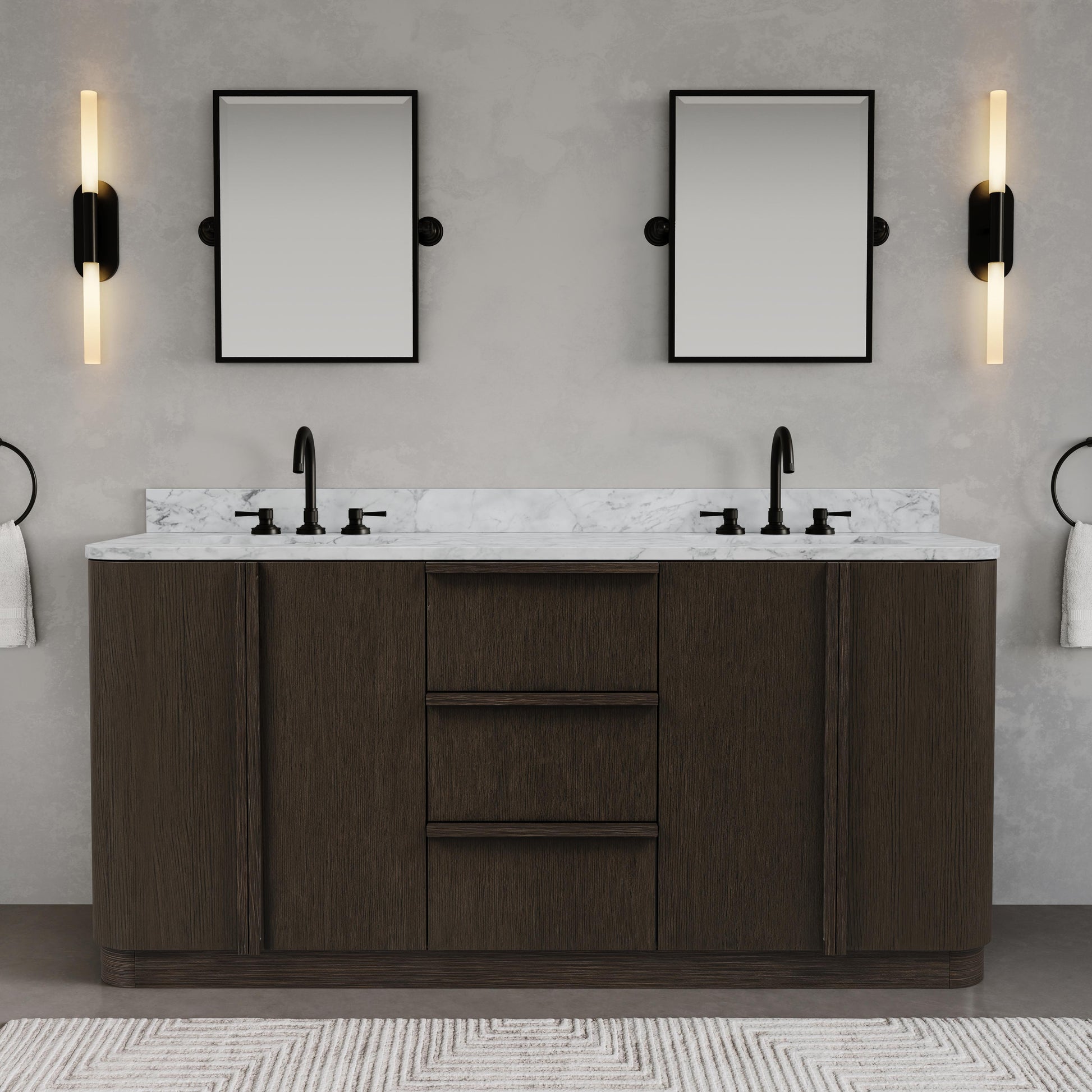Oxford 72in Double Sinks Freestanding Charcoal Oak Bath Vanity with Carrara White Marble Top Pre-Assembled | Water Creation