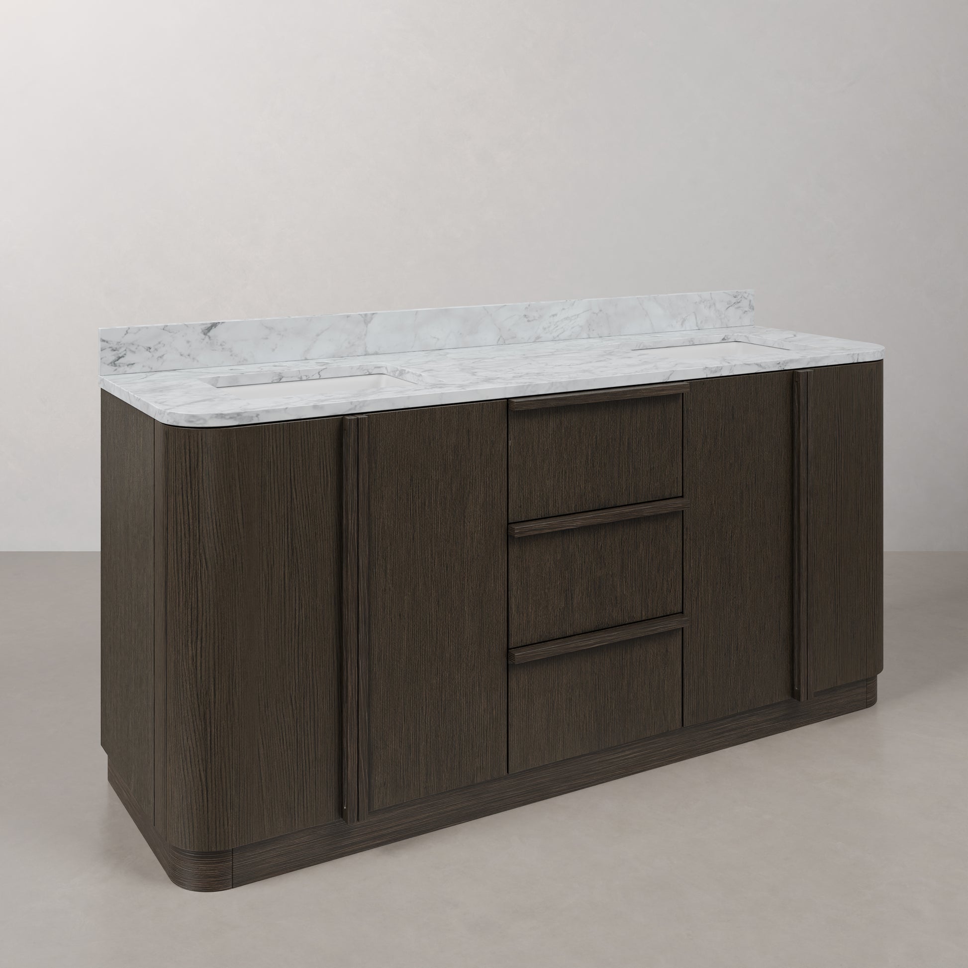 Oxford 72in Double Sinks Freestanding Charcoal Oak Bath Vanity with Carrara White Marble Top Pre-Assembled | Water Creation