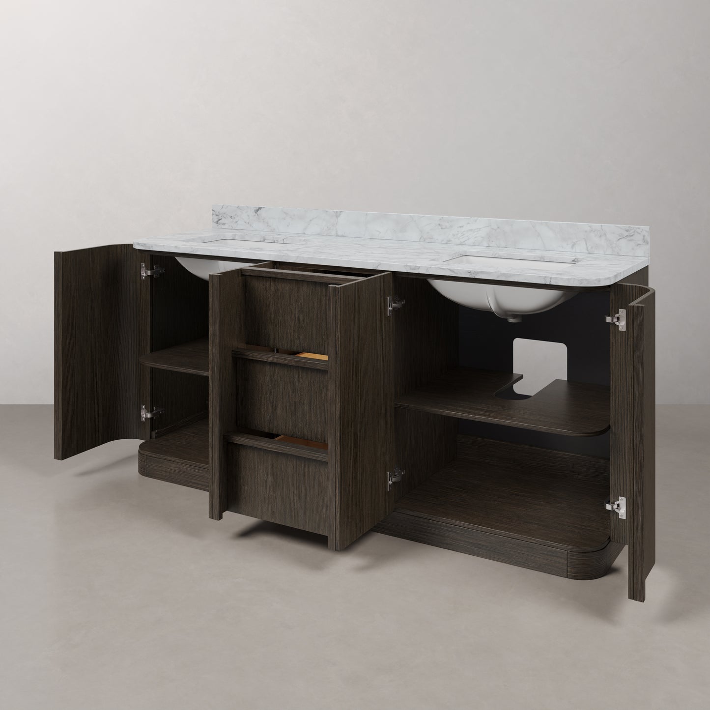 Oxford 72in Double Sinks Freestanding Charcoal Oak Bath Vanity with Carrara White Marble Top Pre-Assembled | Water Creation