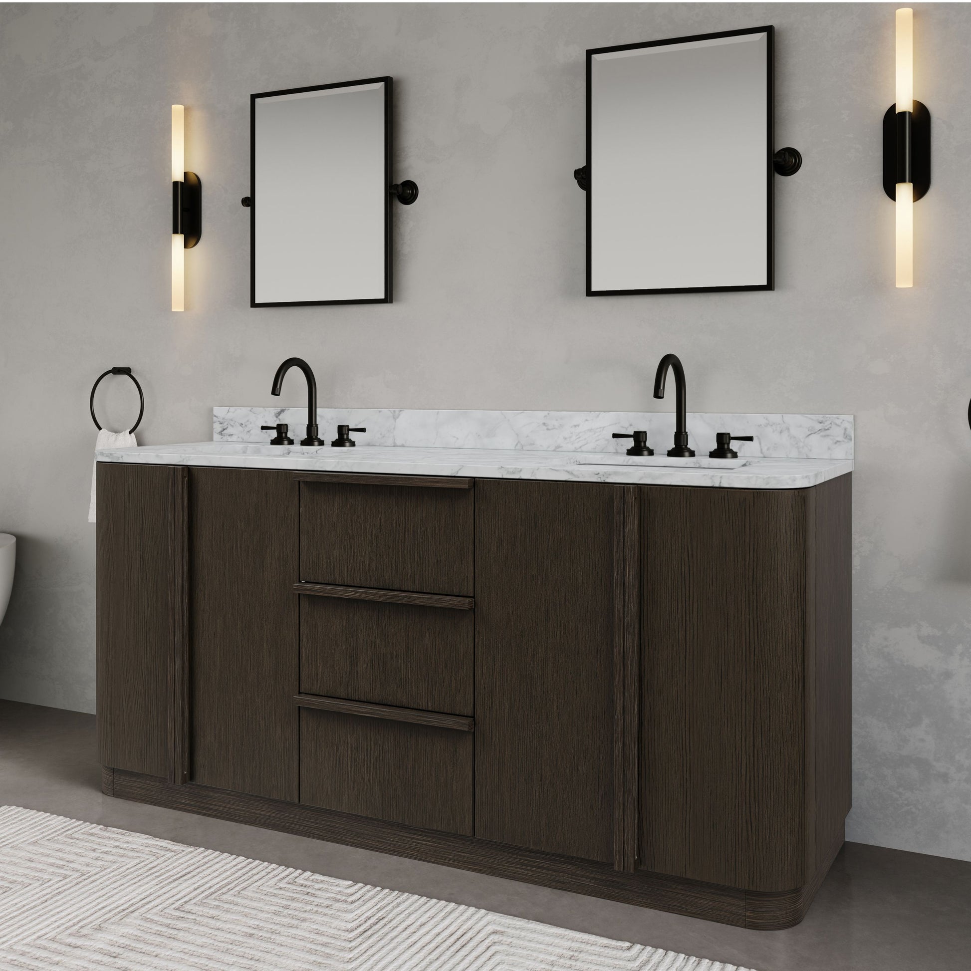 Oxford 72in Double Sinks Freestanding Charcoal Oak Bath Vanity with Carrara White Marble Top Pre-Assembled | Water Creation