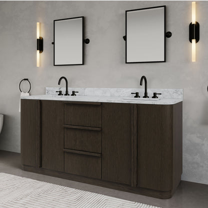 Oxford 72in Double Sinks Freestanding Charcoal Oak Bath Vanity with Carrara White Marble Top Pre-Assembled | Water Creation