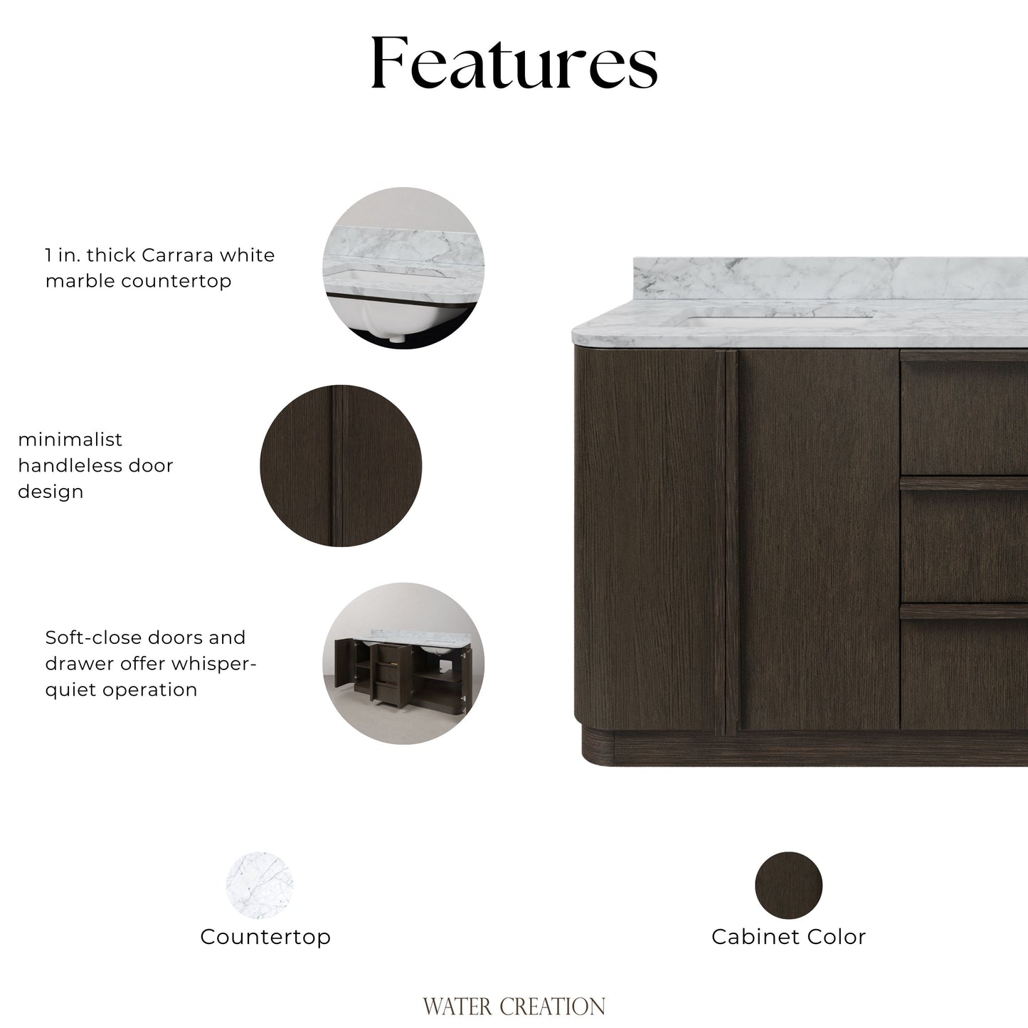 Oxford 72in Double Sinks Freestanding Charcoal Oak Bath Vanity with Carrara White Marble Top Pre-Assembled | Water Creation