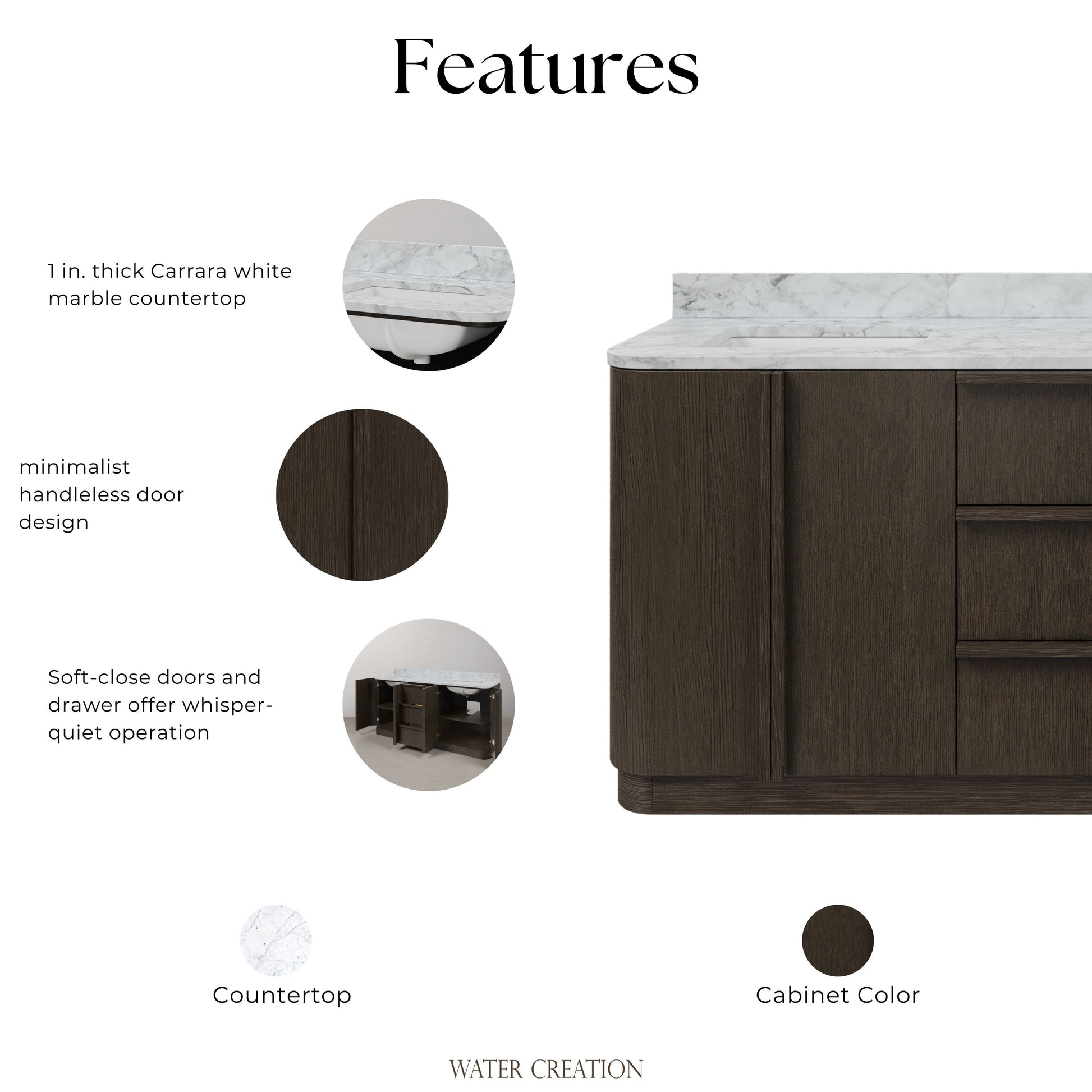 Oxford 72in Double Sinks Freestanding Charcoal Oak Bath Vanity with Carrara White Marble Top Pre-Assembled | Water Creation