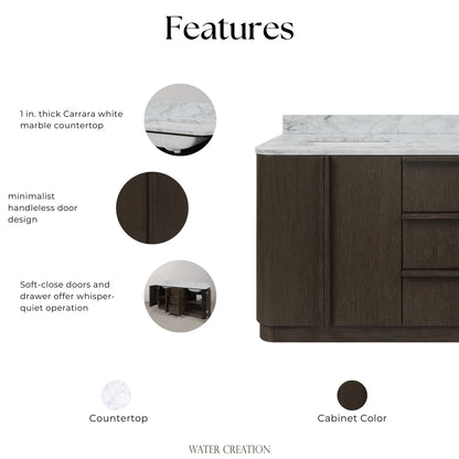 Oxford 72in Double Sinks Freestanding Charcoal Oak Bath Vanity with Carrara White Marble Top Pre-Assembled | Water Creation