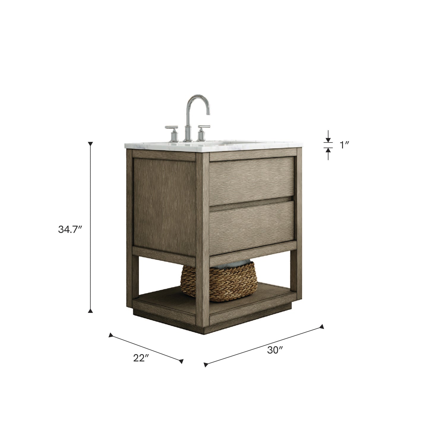 Oakman 30 in. x 34.3 in. H Bath Vanity in Grey Oak with Marble Top with White Basin | Water Creation