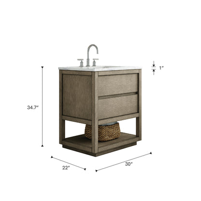 Oakman 30 in. x 34.3 in. H Bath Vanity in Grey Oak with Marble Top with White Basin | Water Creation