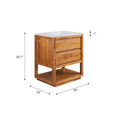 Oakman 30 in. x 34.3 in. H Single Sink Bath Vanity in Mango Wood with White Marble Top and White Basin | Water Creation