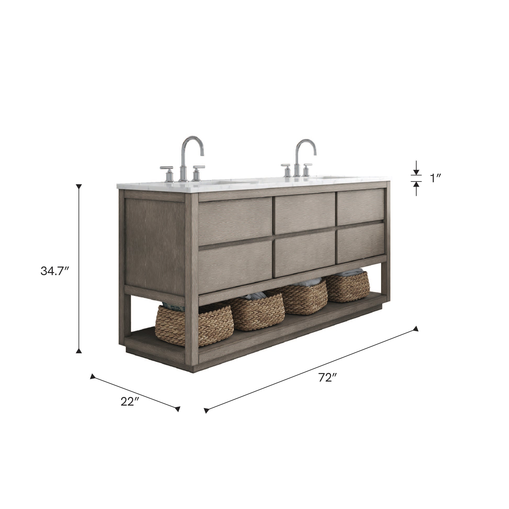 Oakman 72 in. x34.3 in. H Bath Vanity in Grey Oak with Marble Top with White Basin | Water Creation