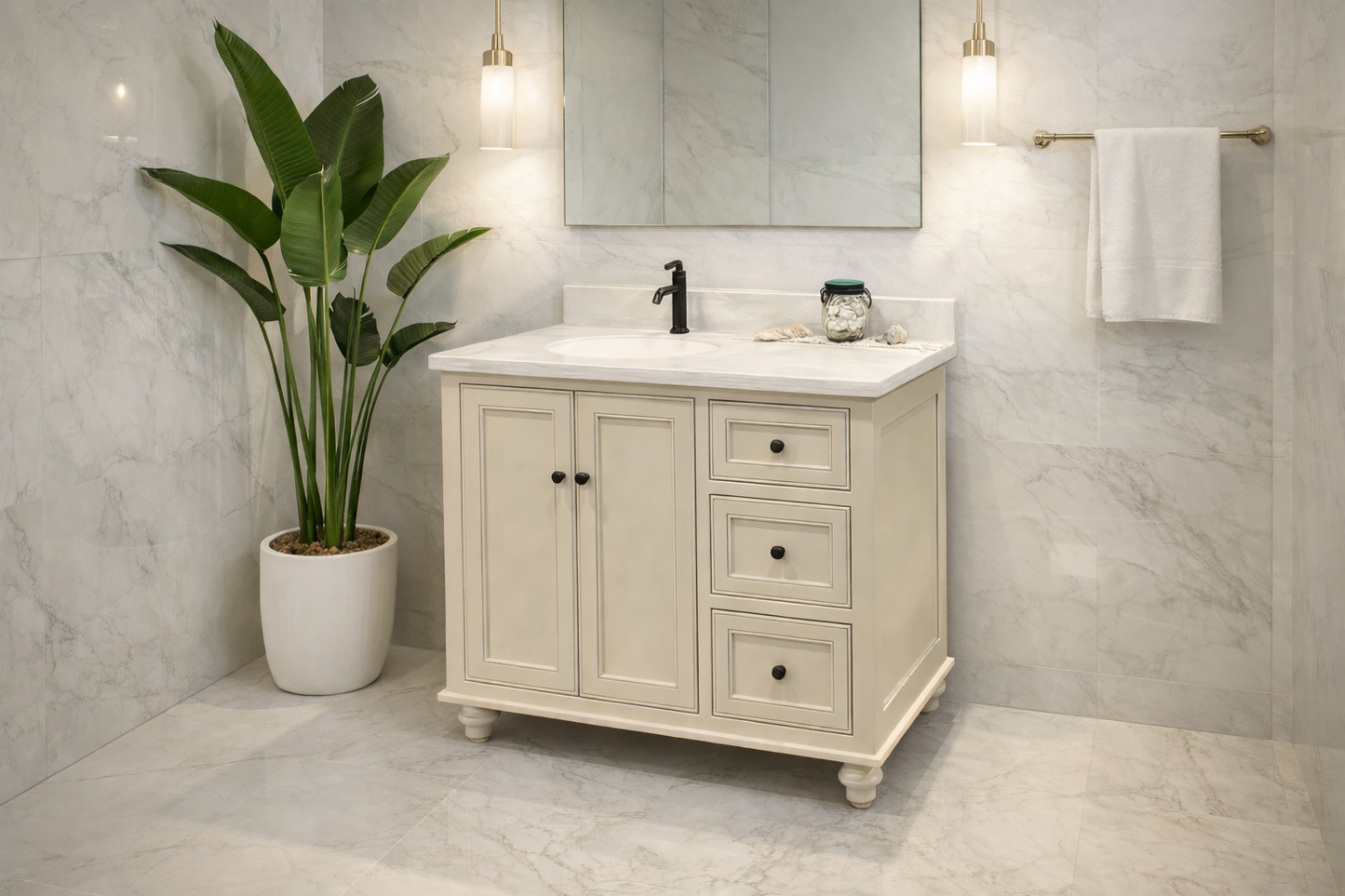 Trusty Wood Ocean City Bathroom Vanity 42" with Two Doors and Three Drawers Left