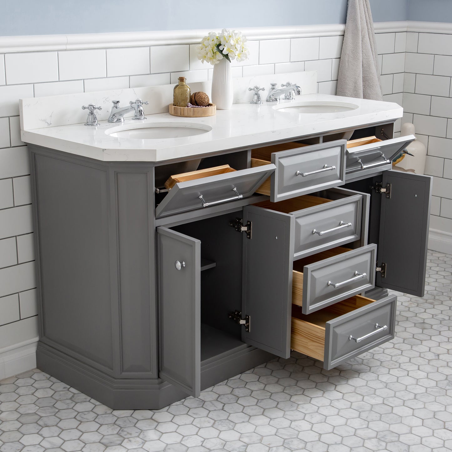 Palace 60 in. W Bath Vanity in Cashmere Grey with Quartz Vanity Top with White Basin | Water Creation