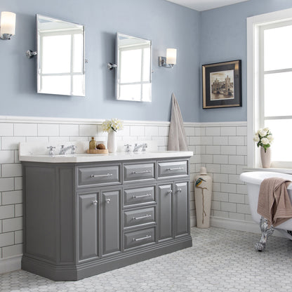 Palace 60 in. W Bath Vanity in Cashmere Grey with Quartz Vanity Top with White Basin | Water Creation