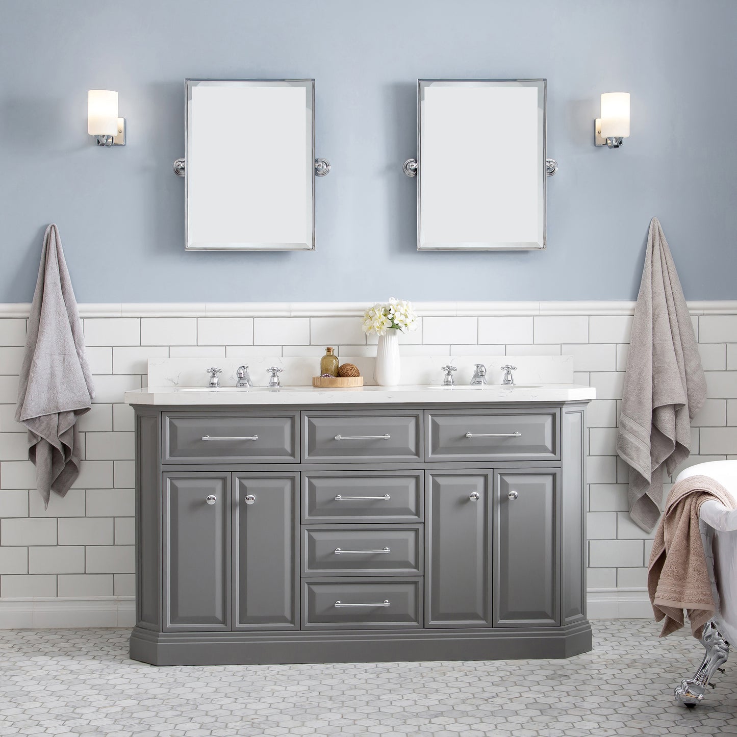 Palace 60 in. W Bath Vanity in Cashmere Grey with Quartz Vanity Top with White Basin | Water Creation