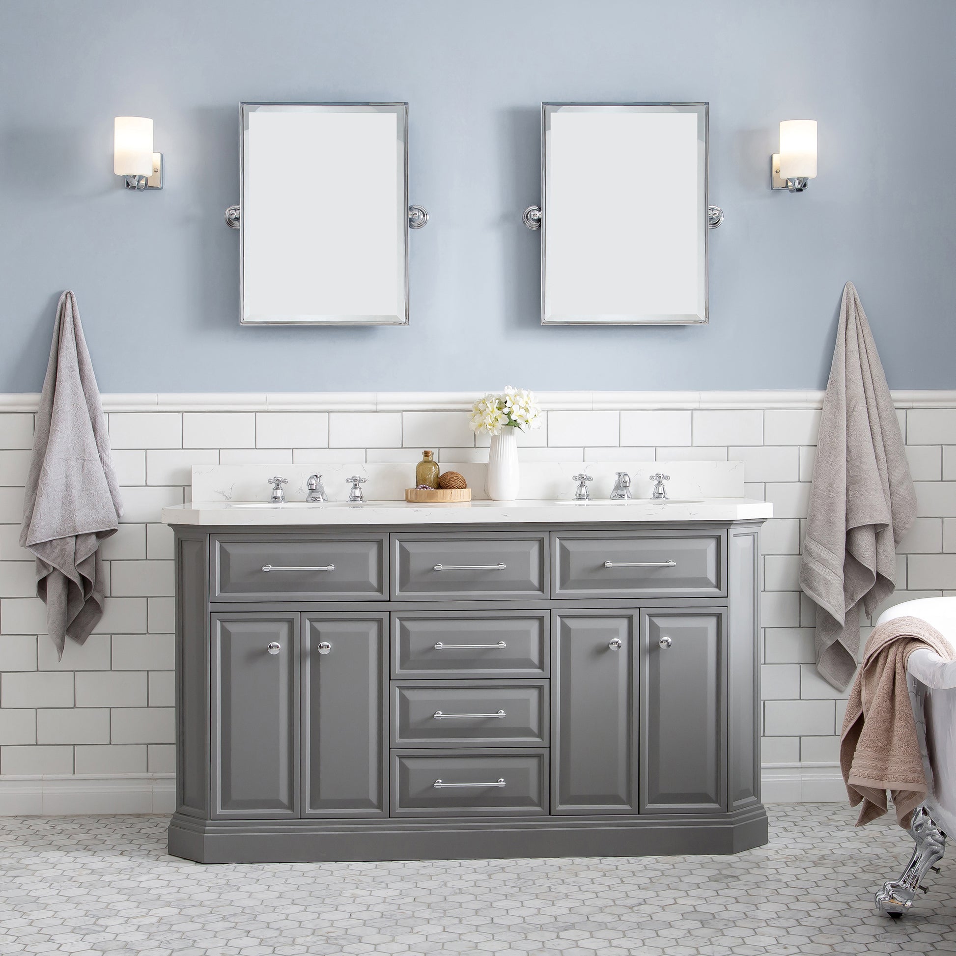 Palace 60 in. W Bath Vanity in Cashmere Grey with Quartz Vanity Top with White Basin | Water Creation