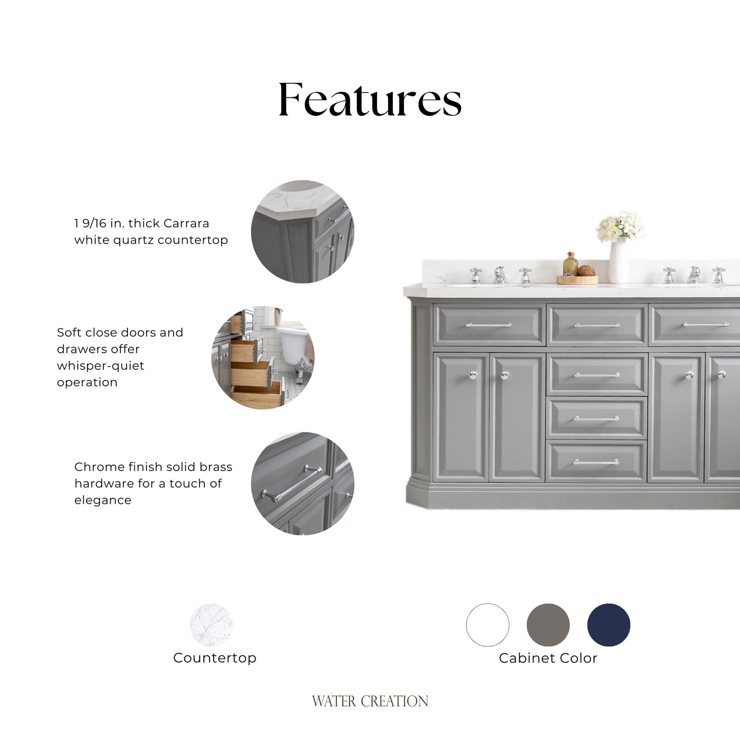 Palace 60 in. W Bath Vanity in Cashmere Grey with Quartz Vanity Top with White Basin | Water Creation