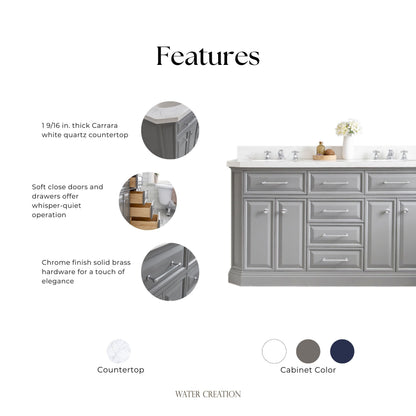 Palace 60 in. W Bath Vanity in Cashmere Grey with Quartz Vanity Top with White Basin | Water Creation