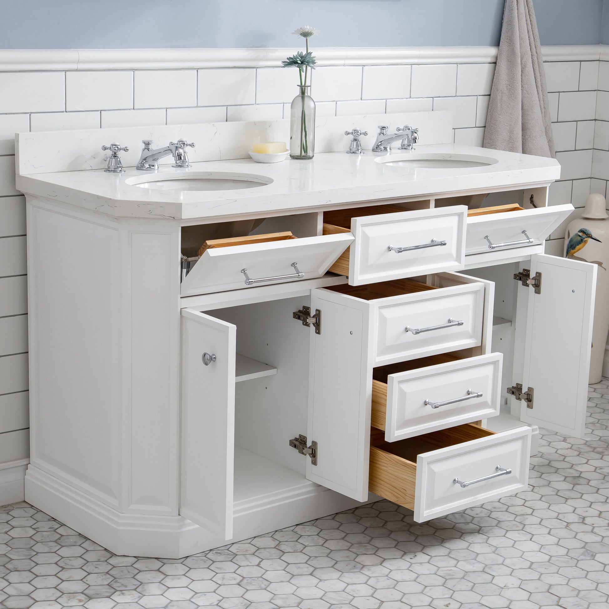 Palace 60 in. W Bath Vanity in Pure White with Quartz Vanity Top with White Basin | Water Creation