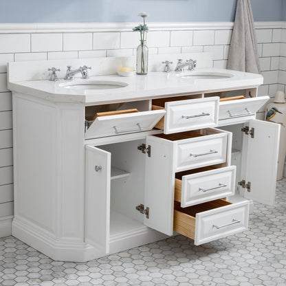 Palace 60 in. W Bath Vanity in Pure White with Quartz Vanity Top with White Basin | Water Creation