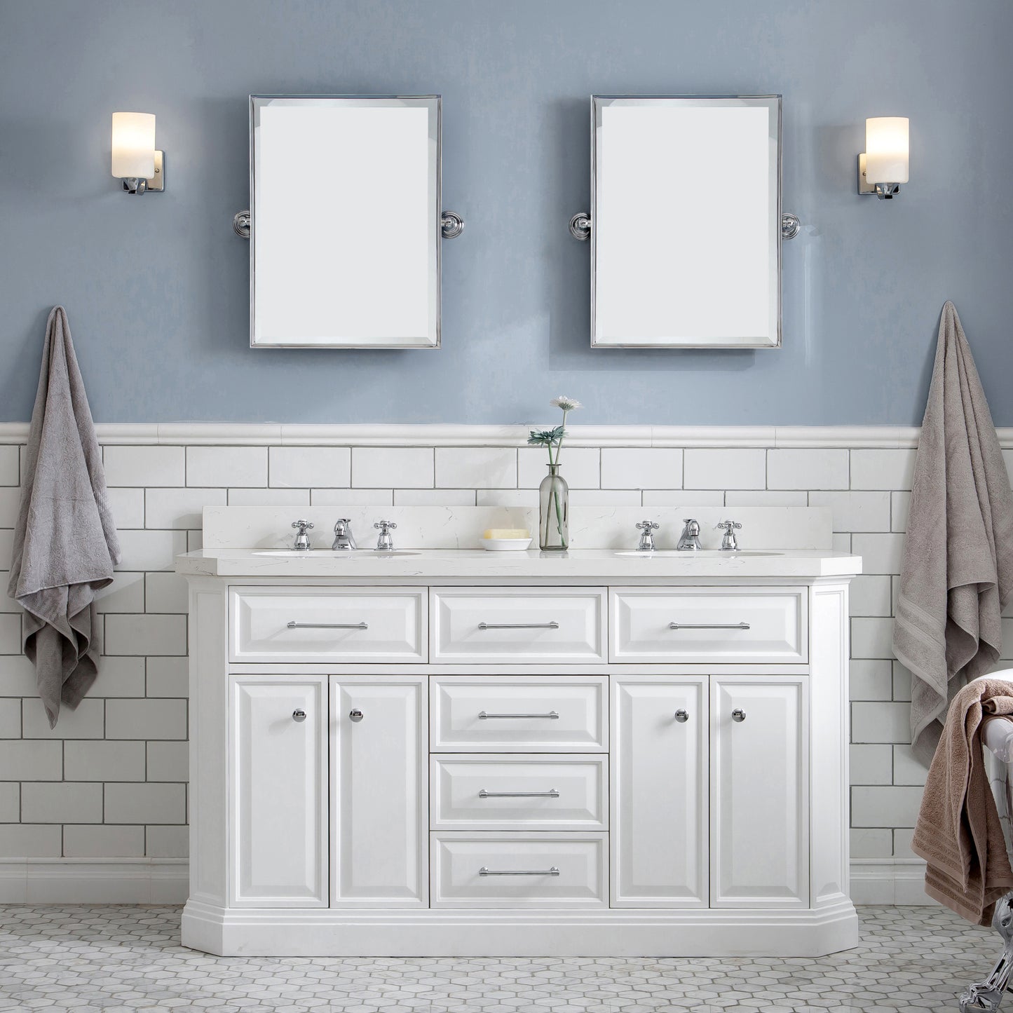 Palace 60 in. W Bath Vanity in Pure White with Quartz Vanity Top with White Basin | Water Creation