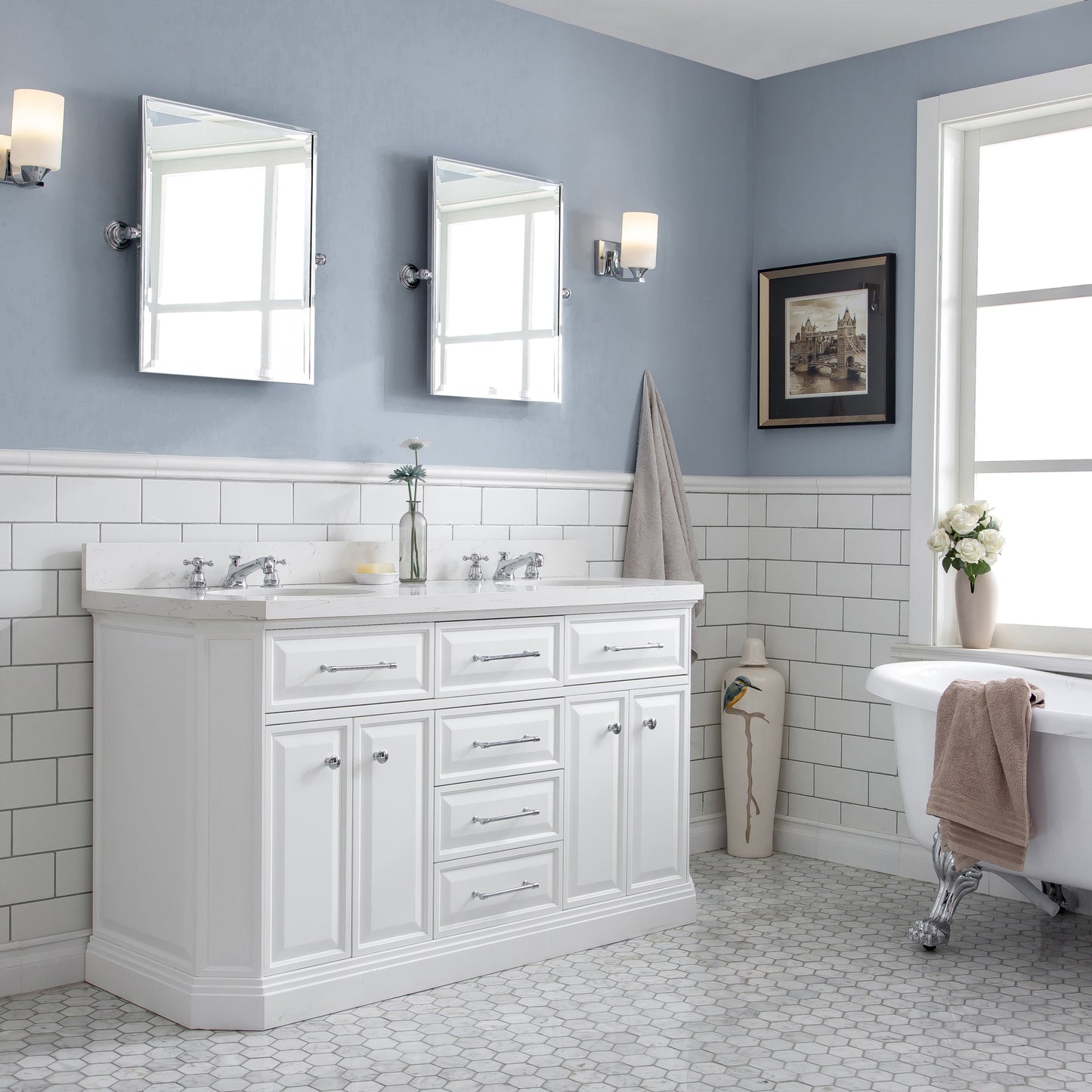 Palace 60 in. W Bath Vanity in Pure White with Quartz Vanity Top with White Basin | Water Creation
