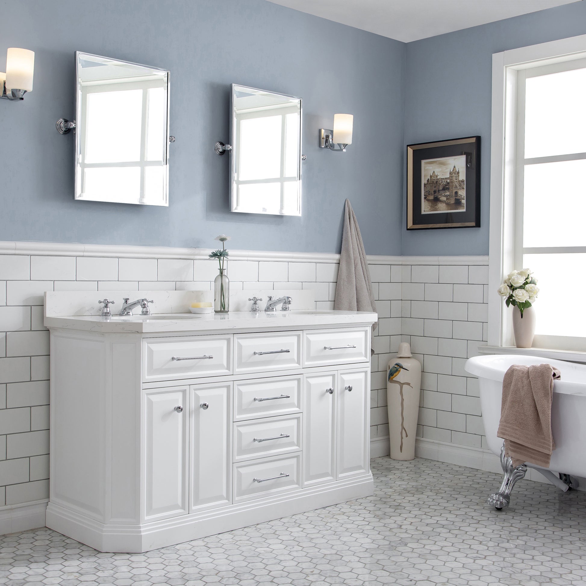 Palace 60 in. W Bath Vanity in Pure White with Quartz Vanity Top with White Basin | Water Creation