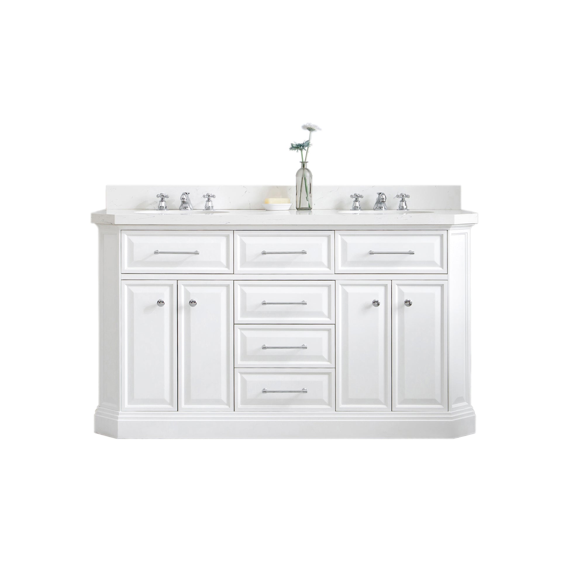 Palace 60 in. W Bath Vanity in Pure White with Quartz Vanity Top with White Basin | Water Creation