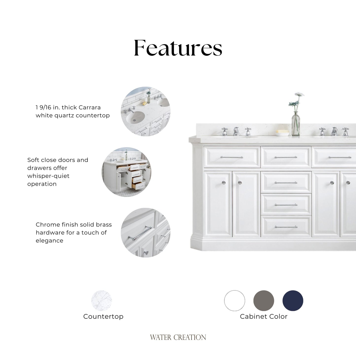 Palace 60 in. W Bath Vanity in Pure White with Quartz Vanity Top with White Basin | Water Creation
