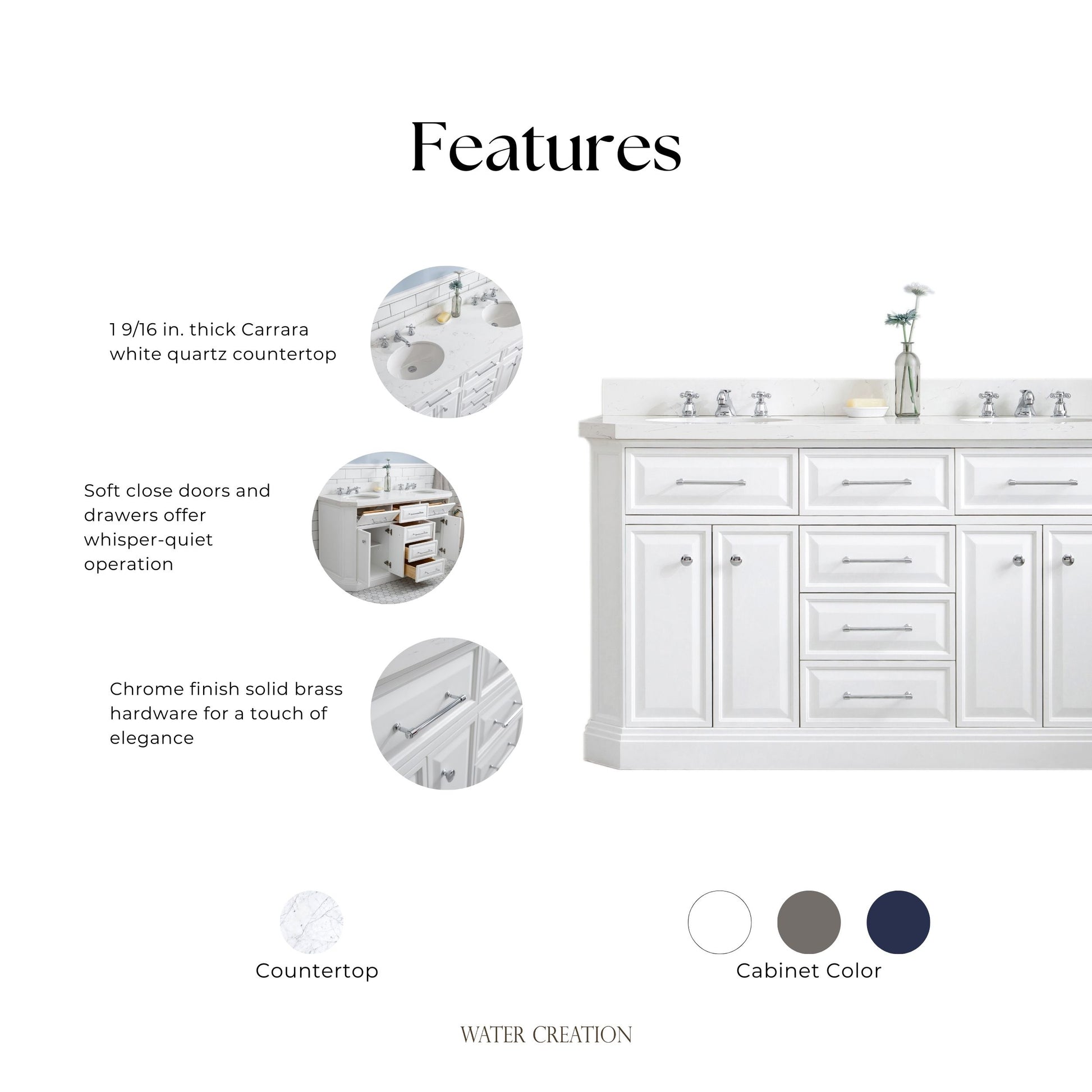 Palace 60 in. W Bath Vanity in Pure White with Quartz Vanity Top with White Basin | Water Creation