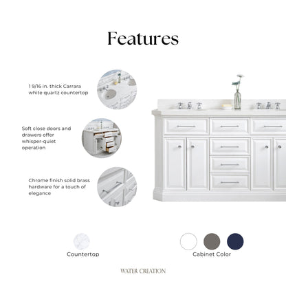 Palace 60 in. W Bath Vanity in Pure White with Quartz Vanity Top with White Basin | Water Creation